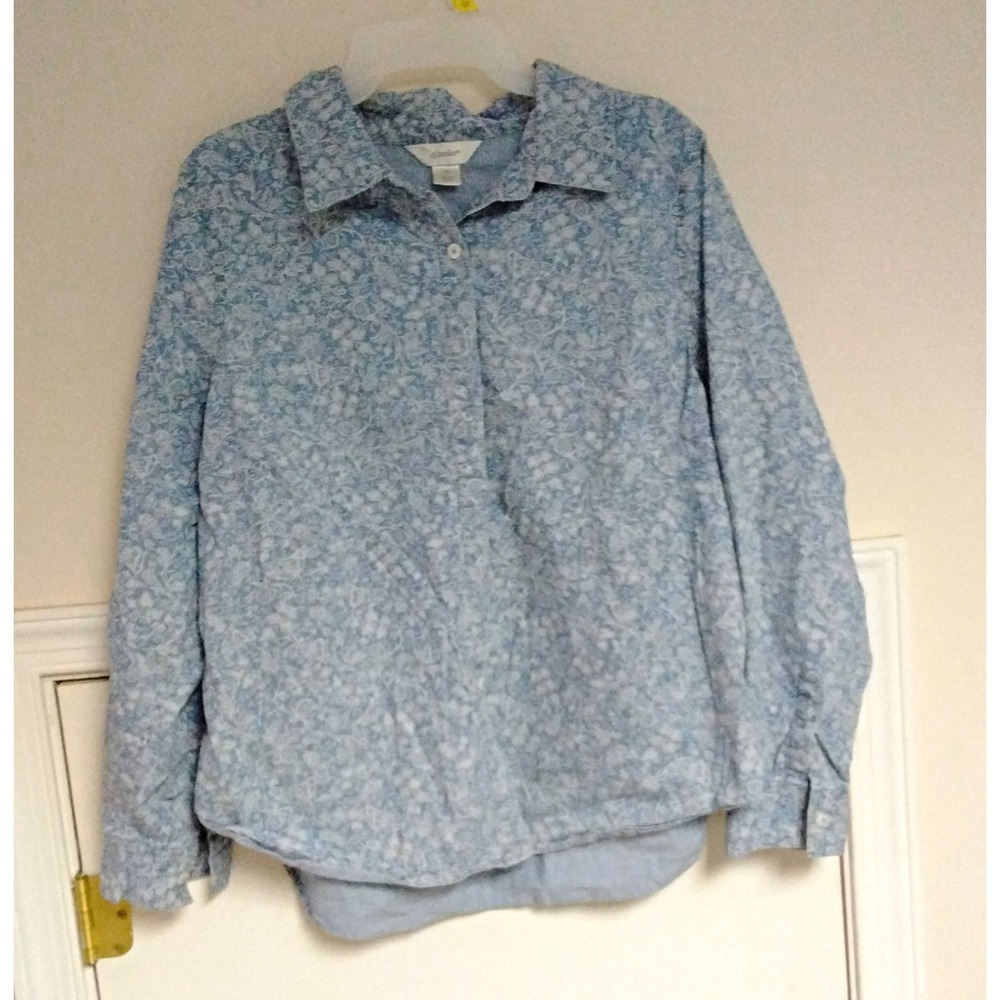 CJ Banks Blue/White Floral Collared Button Front Long Sleeve Shirt L/XL